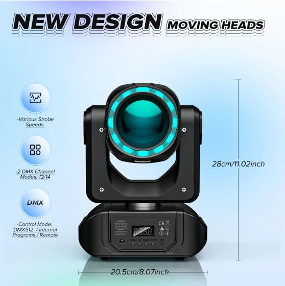 U`King Moving Head LED 80W, 10 Gobos 8 kleuren met afstandsbediening - Afbeelding 2